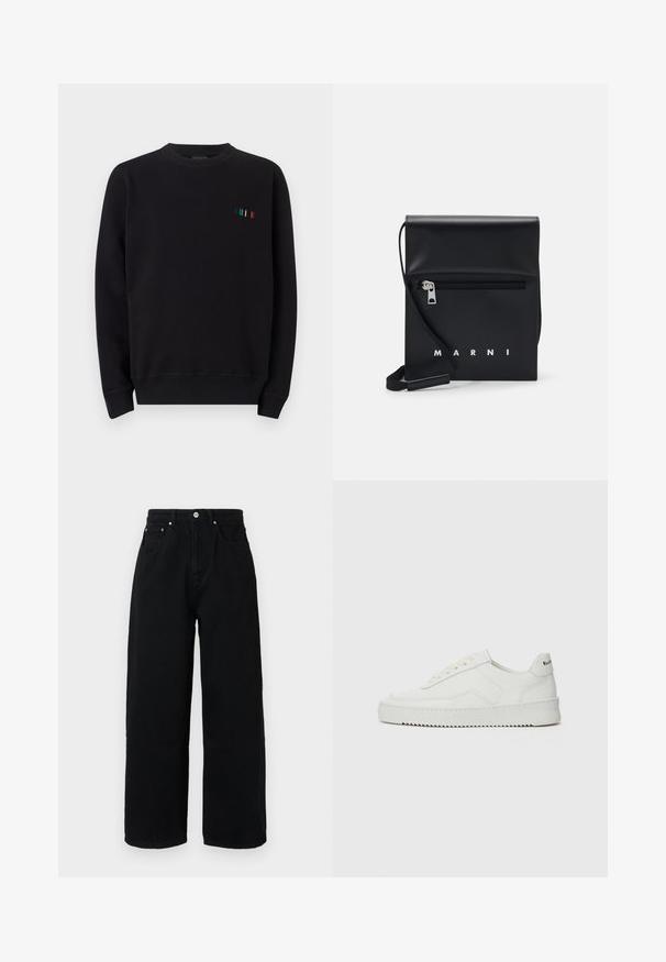 Felpa nera a girocollo realizzata in un mix di cotone, con un piccolo dettaglio ricamato multicolore sul lato sinistro del petto e polsini a coste.; Pantaloni larghi neri realizzati in cotone, con vita alta, tasche frontali, bottone in tonalità argento e orlo pulito.; Sneaker in pelle bianca con una finitura liscia, punta rotonda, lacci piatti e suola testurizzata. Presenta un logo discreto sul tallone.; Borsa a tracolla in pelle nera con tasca frontale con zip, logo in rilievo e tracolla regolabile. Texture liscia con una forma strutturata.