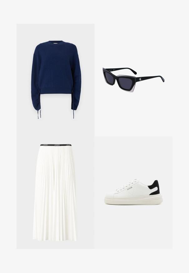 Temno modra pletena jopica z rebrasto teksturo, okroglo izrezana in z dolgimi rokavi. Ima prilagodljive stranske zaveze in skrajšano dolžino.; Gubasta bela krila z črnim elastičnim pasom, ki nosi logotip "LACOSTE". Srednje dolga zasnova z mehkobo tkanine.; Bele usnjene športne copate z debelim belim podplatom, črnimi semišnimi detajli na peti in utisnjenim logotipom na strani. Zavezovanje s šestimi luknjicami.; Črne prevelike sončne očala geometrijske oblike, z temnimi lečami in kontrastno sivo podrobnostjo na okvirju. Logo na ročaju.