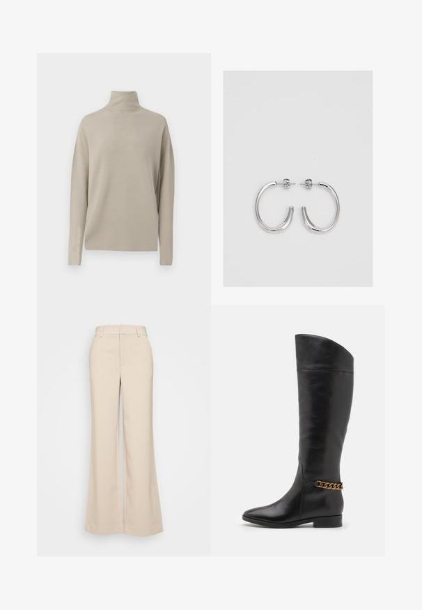 Hellbeige Rollkragenpullover aus weichem Strickmaterial, der eine lässige Passform mit langen Ärmeln und einem hohen Kragen bietet. Keine sichtbaren Muster.; Beige weite Hosen mit glatter Textur, ausgestattet mit einem hohen Taillenbund und zwei vorderen Taschen. Schlichtes Design mit taillierter Passform.; Hohe schwarze Lederstiefel mit elegantem Design, spitzer Zehe und einem goldenen Kettenakzent am Knöchel. Tiefer Blockabsatz. Glatte Textur.; Silberne Creolen mit einer glatten, glänzenden Oberfläche, einer gebogenen Form und einer Steckverschluss. Minimalistisches Design mit modernem Finish.