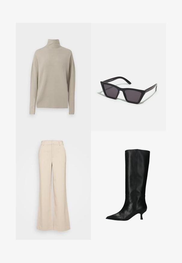 Lichtbeige coltrui, gemaakt van zachte breimateriaal, heeft een relaxte pasvorm met lange mouwen en een hoge kraag. Geen zichtbare patronen.; Beige wijduitlopende broek met een gladde textuur, voorzien van een hoge tailleband en twee voorzakken. Schoon ontwerp met een getailleerde pasvorm.; sacha MIT KITTEN HEEL - Laarzen - black; Zwarte, hoekige zonnebril met grijze lenzen; gemaakt van plastic, met dikke armen met een gladde oppervlakte en zonder zichtbare hardware.; Zwarte schoudertas met een gestructureerd oppervlak, voorzien van een gouden kettingriem en een gouden driehoekige logo-plaquette aan de voorkant.; Dunne, gepolijste gouden bangle armband met een gladde, ronde vorm en subtiele branding. Heeft een naadloos ontwerp en een minimalistische esthetiek.