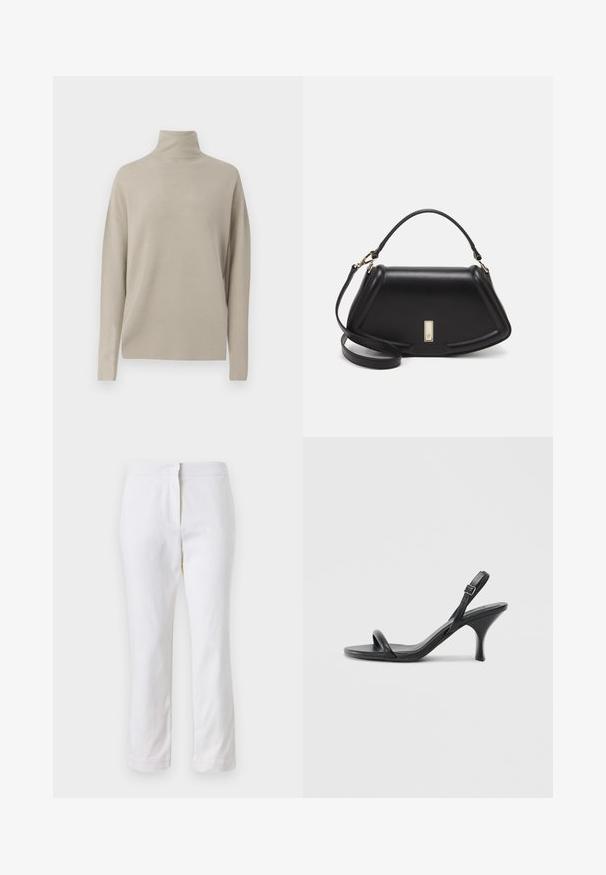 Light beige turtleneck sweater, made of soft knit material, features a relaxed fit with long sleeves and a high collar. No visible patterns.; White cotton pants with a straight leg design, featuring a mid-rise waist and no visible hardware or patterns. Smooth texture throughout.; Black leather high-heeled sandals with a slim, curved heel and a crossed strap design. Adjustable ankle strap. Smooth texture.; Black leather handbag with a structured design, featuring a cropped shape, top handle, and gold hardware accent. Adjustable shoulder strap included.
