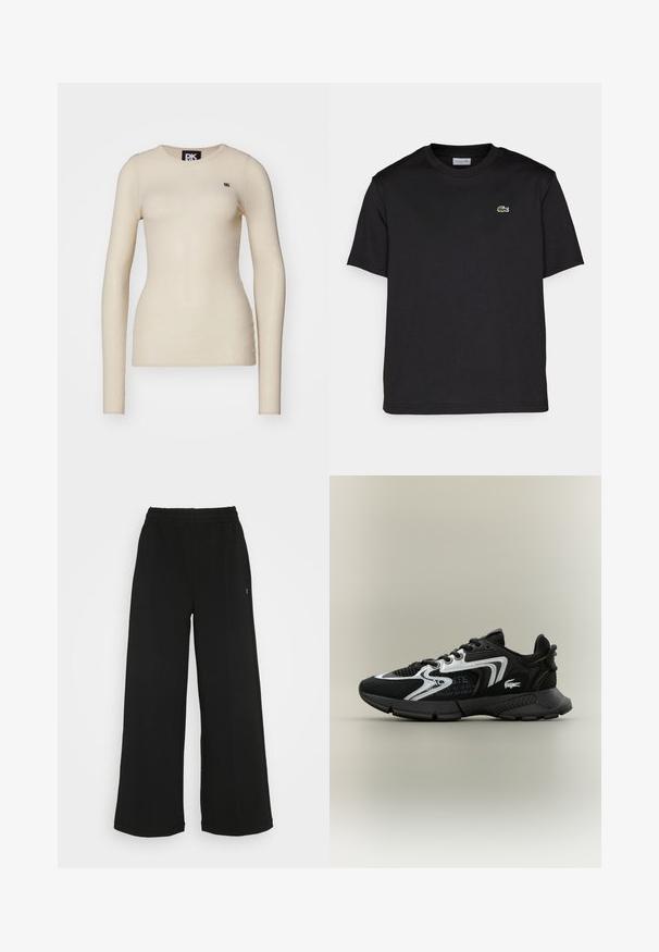 Pikkade varrukatega kreemjas särk, mis on valmistatud pehmest kangast, ümmarguse kaelusega ja väike logo vasakul rinnaosal.; Mustmust värvi puuvillane T-särk ümarate kaelustega, lühikeste varrukatega ja väikese rohelise tikandiga logoga vasakul rinnal. Lihtne disain.; Mustad laiad püksid elastse vöökohtaga. Valmistatud pehmest ja kergest materjalist. Ees on vertikaalsed õmblused.; Mustad mustreejalised tossud võrkpaneelidega, hõbedaste aktsentidega ja tekstuuritud mustade pealsetega. Omab kingapaelu ja kõverat, vastupidavat tallat.