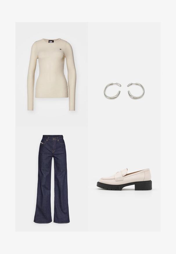 Ilgų rankovių grietinėlės spalvos marškiniai, pagaminti iš minkštos medžiagos, turi apvalų iškirpimą ir mažą logotipą kairėje krūtinės pusėje.; Tamsiai mėlynos plačios kojų džinsinės kelnės iš denimo audinio su aukštu liemeniu, su oranžinėmis siūlėmis, penkių kišenių dizainu ir sagčių užsegimu.; Šviesiai smėliniai odiniai laivai su siuvinėta priekiu ir tekstūriniu juodu platformos kulnu. Pasižymi kreiviu dizainu ir nedideliu pakilimu.; Sidabrinės auskarai žiedai su lygiu, suapvalintu dizainu ir blizgiu paviršiumi. Turi minimalistišką formą su nedideliu atidarymu.