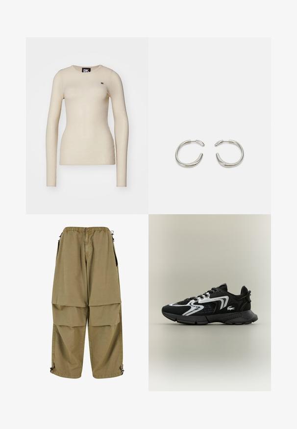 Gara piedurkņu krēms krekls, izgatavots no mīkstas auduma, ar apaļu kakla izgriezumu un mazu logotipu kreisajā krūtīs.; Bēšu krāsas cargo bikses ar elastīgu jostu, lielām priekšējām kabatām un regulējamiem ielokiem. Izgatavotas no viegla auduma ar gludu tekstūru.; Melni sporta apavi ar sietiņa ieliktņiem, sudraba akcentiem un struktūru melnā krāsā. Īpaši iezīmes - šņorītes un izliekta, izturīga zole.; Sudraba riņķveida auskari ar gludu, noapaļotu dizainu un spīdīgu, pulētu apdari. Raksturīga minimālisma forma ar nelielu atvērumu.