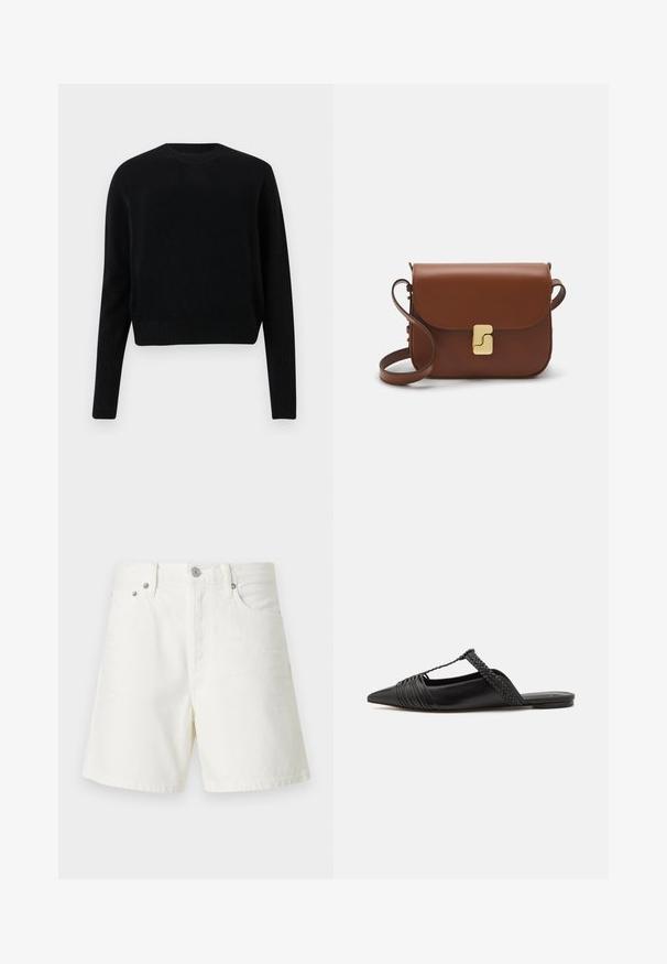 Černý zkrácený svetr z pleteného materiálu. Má kulatý výstřih a žebrované manžety a lem. Jednoduchý, klasický design bez vzorů nebo zdobení.; Bílé denimové kraťasy se rovný střihem, pětivreckovým designem, zapínáním na tlačítko vpředu, stříbrnými kovovými detaily a prošitím.; Černé kožené slingback boty se špičatou špičkou, s tkaným akcentem a plisovaným designem svršku. Plochá podešev s minimálním kovovým zapínáním.; Hnědá kožená kabelka s klopou, zlatými kovovými detaily, ramenním popruhem a hladkým povrchem. Kompaktní obdélníkový tvar.