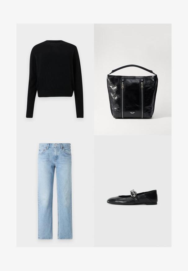Mustra musta lühike sviiter, mis on valmistatud kudumisest. Omab ümmargust kaelaava ja ribatud käe- ning alumist äärt. Lihtne, klassikaline disain ilma mustrite ja kaunistusteta.; Heledad sinine denim püksid sirge lõikega, viie taskuga, nupuga ja lukuga kinnitamine ning kergelt kulunud viimistlus.; Mustadest nahast balleti kingad terava varbaga, millel on rihm ümmarguse metallist pandlaga ja lame tald.; Must mustlakk nahkaga käekott, millel on kaks eesmist vetruvat tõmbluku, struktureeritud kuju ja lühike käepide. Alumises osas on väike hõbedane logo.