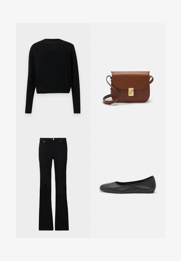 Mustra musta lühike sviiter, mis on valmistatud kudumisest. Omab ümmargust kaelaava ja ribatud käe- ning alumist äärt. Lihtne, klassikaline disain ilma mustrite ja kaunistusteta.; Mustad teksased, millel on flared lõige, kaks esi-taskut, nööbiga kinnitamine ja sile tekstuur. Tootemärgistus on nähtav õmblustes.; Musthave mustika tantsutossud mustast nahast, ümmarguse varbaga, siledast tekstuurist, minimaalse õmblusdetailiga ja paindliku tallakujundusega.; Pruunist nahast käekott, millel on klapiga sulgur, kuldne riistvara, õlarihm ja sile tekstuur. Kompaktne ristkülikukujuline vorm.