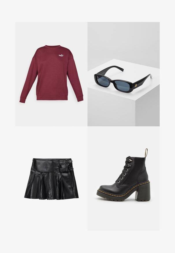 Maronfarvet sweatshirts med lange ærmer, rund hals og ribbede manchetter. Har et hvidt logo på brystet. Fremstillet af blødt, struktureret stof.; Sort læderskirt med pliser, bred talje og to spænde-accenter på siden. Glat tekstur med en blank finish.; Sorte læder ankelstøvler med en kraftig høj hæl, snørebånd foran, metaløjer og gule sting langs sålen. Tekstureret gummisål.; Sorte rektangulære solbriller med tonede blå linser, tykke rammer og en guldcirkelformet accent på siden. Slank, blank finish.; Burgunderfarvet håndtaske lavet af syntetisk materiale med et struktureret design, der har en aftagelig skulderrem og et blomstermønstret tørklæde bundet til håndtaget.