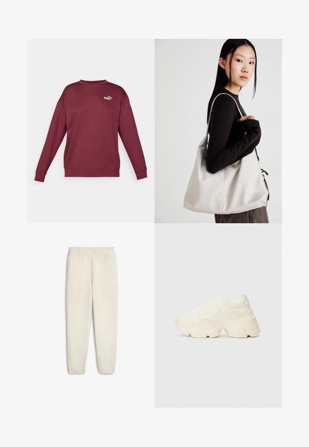 Bordo dukserica s dugim rukavima, okruglim izrezom i rebrastim manžetama. Sadrži bijeli logo na prsima. Izrađena od mekog, teksturiranog materijala.; Svijetlosmeđi dukserica hlače izrađene od mekanog materijala, s elastičnim pojasom, suženim gležnjevima i malim bijelim logom sa strane.; Masivne bijele tenisice od teksturirane mreže i sintetičkih materijala, sa debelim potplatom i složenim uzorcima duž strana.; Bežna torba od mekog materijala s opuštenim dizajnom, šivanim detaljima i dva remena za rame. Pogodna za svakodnevnu upotrebu.