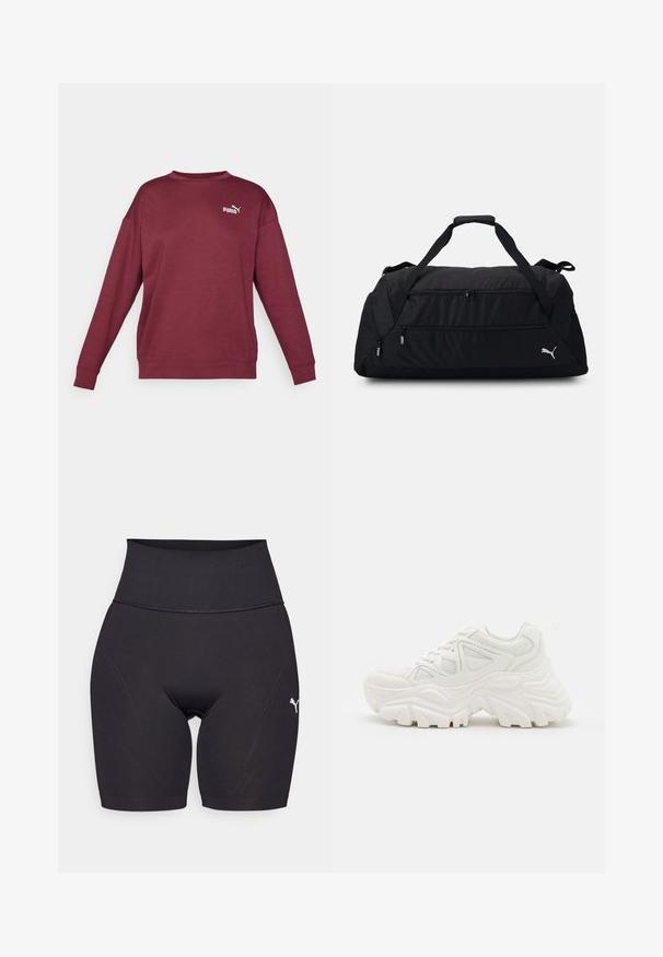Hanorac bordo cu mâneci lungi, guler rotund și manșete în vrac. Are un logo alb pe piept. Fabricat dintr-un material moale, texturat.; Shorts de sport negre cu talie înaltă, confecționați dintr-un material elastic, cu un design adaptat corpului, cusături plate și un mic logo alb pe lateral.; Adidași albi chunky, cu un superior texturat, panouri din plasă și tălpi de cauciuc groase, cu un model de profil proeminent. Inclusiv șireturi și tab de prindere.; Geantă duffel neagră, fabricată dintr-un material durabil, având două compartimente cu fermoar, mânere padded și un logo alb Puma pe lateral.
