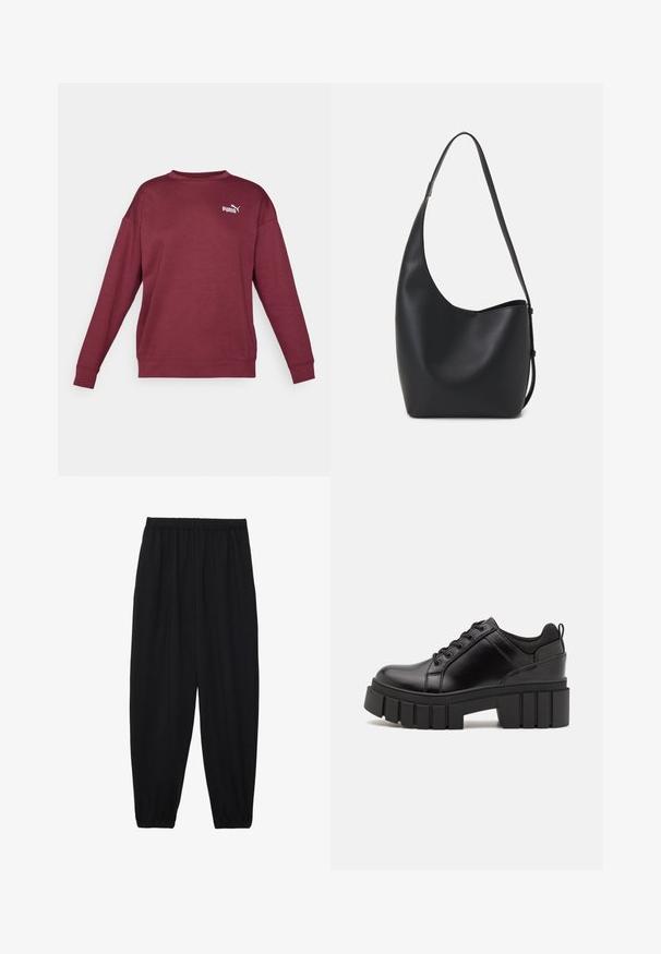 Bordo kapuutsärgiga pikkade varrukatega, ümmarguse kaeluse ja soonikkoes mansettidega. Esiküljel on valge logo. Valmistatud pehmest, tekstuursest kangast.; Mustad, kerge kangas püksid elastse vöökoha ja kokku volditud pahkluudega. Kanga pind on sile ja disain on lõdvestunud, kitsenev.; Must musta platvormsussid paksu plokkninal, ümmarguse varbaga ja traditsioonilise nööridega kinnitamisega. Sussid on sileda tekstuuriga ja minimaalsete detailidega.; Mustast nahast hobo kott, millel on sile tekstuur, kumer kuju ja üks reguleeritav rihm; peal on lai avaus.