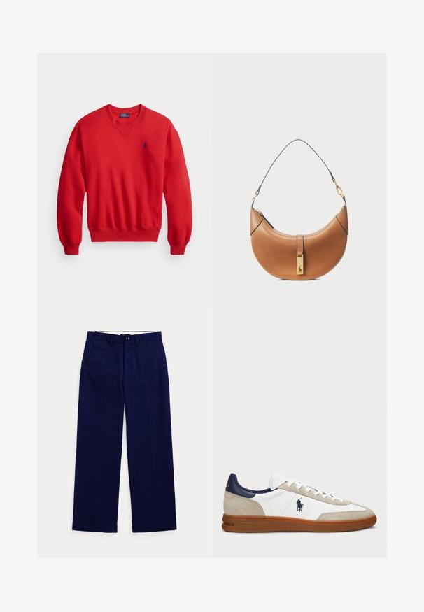 Felpa rossa in misto cotone, con scollatura a girocollo, polsini e orlo a costine, e un piccolo logo blu sul lato sinistro del petto.; Pantaloni dritti blu navy con passanti per cintura, chiusura con bottone e tasche laterali su uno sfondo chiaro uniforme.; Sneaker bianche e beige con tomaia in suede e pelle, dettagli blu navy e suola in gomma marrone. Presentano il logo di lato e un design con lacci.; Borsa a tracolla in pelle color nocciola con forma curva, hardware dorato e tracolla sottile. Presenta una chiusura con zip e dettagli con logo sulla parte anteriore.