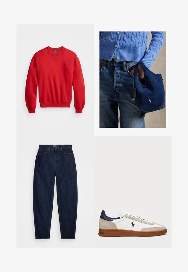 Piros, pamutkeverékből készült pulóver, kerek nyakkivágással, bordás mandzsettákkal és hemhellyel, valamint egy kis kék logóval a bal mellen.; Sötétkék farmernadrág egyenes szabással, narancssárga varrással, elöl gombos záródással és öt zsebbel.; Fehér és bézs sportcipők velúr és bőr felsőrésszel, sötétkék részletekkel és barna gumitalppal. Oldalán logó található, fűzős kialakítással.; Tengerészkék színű velúr kézitáska puha tapintással, dupla fogantyúval és egy kis csatolt címtáblával. Az elülső részén fehér logó látható, az alja pedig lekerekített.