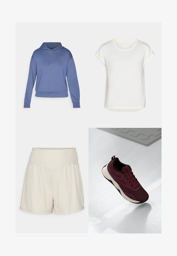 ONLY Play ONPLOUNGE LIFE HOOD - Φούτερ με κουκούλα - vintage indigo; Λευκό κοντομάνικο μπλουζάκι με στρογγυλή λαιμόκοψη, κατασκευασμένο από μαλακό ύφασμα. Διαθέτει γυρισμένα μανίκια και μια διακριτική λεπτομέρεια λογότυπου στο στήθος.; Ανοιχτό μπεζ σορτσάκια με υφασμάτινη ραμμένη μέση με ραβδώσεις, ρευστό σχέδιο και άνετη εφαρμογή. Διαθέτουν ραμμένα τελειώματα και πλαϊνές σχισμές για ευκολία κινήσεων.; Μπορντό αθλητικό παπούτσι με δικτυωτό πάνω μέρος, μαύρες λεπτομέρειες και λευκή αφρώδη σόλα. Διαθέτει κλείσιμο με κορδόνια και λαβή στο τακούνι.
