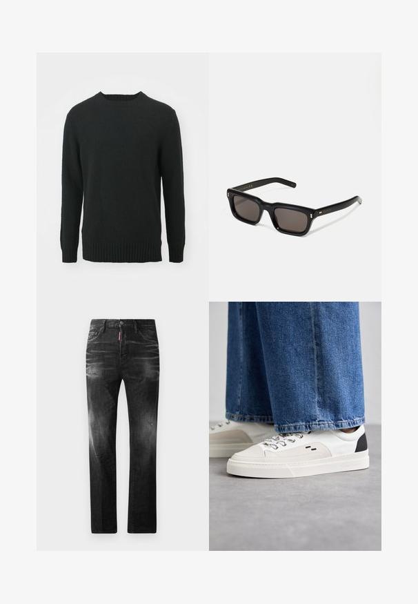NN.07 LEE - Džemperis - black; Juodi džinsai su tiesiu kirpimu. Spalvoti svyrantys plotai, šiek tiek sugadinti, klasikinis penkių kišenių dizainas ir mygtuko uždarymas.; Balti ir balti sportbačiai su lygaus odos paviršiumi, tekstūruotais akcentais ir masyviu baltu padu. Turi klasiką primenančią raištelių užsegimo sistemą.; Juodos stačiakampės akinių nuo saulės su tamsiais objektyvais, storu plastiko rėmu, auksinėmis detalėmis ant šventyklų ir prekės ženklo logotipu išgraviruotu ant šono.