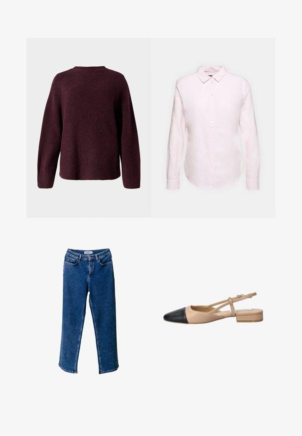 Burgundy knitted sweater featuring a round neckline, long sleeves, and a relaxed fit with a soft, textured finish.; Light pink long-sleeve shirt with a button-down collar, featuring a straight hem and soft texture, made from lightweight cotton fabric.; Blue denim wide-leg jeans with a high waist, featuring front pockets, contrasting stitching, and a relaxed fit.; Beige and black two-tone slingback shoe with a pointed toe, flat heel, and crisscross strap detail. Smooth leather texture.