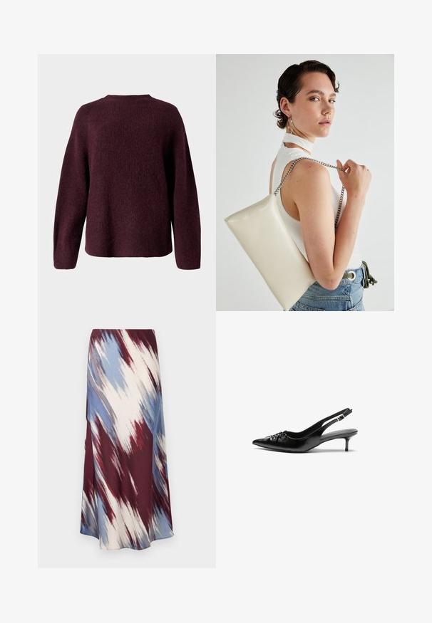 Bordeaux gebreide trui met een ronde halslijn, lange mouwen en een ontspannen pasvorm met een zachte, gestructureerde afwerking.; Lange rok met een diagonaal tie-dye patroon in bordeauxrood, blauw en crème, gemaakt van zachte stof met een vloeiende silhouet en een lichte glans.; Zwarte leren slingback hakken met een spitse neus, kleine kittenhak en een decoratieve knoopdetail aan de voorkant. Smooth textuur overal.; Witte rechthoekige clutch tas gemaakt van glanzend materiaal, met een zilveren kettingband. Model poseert en toont de tas tegen een effen achtergrond.