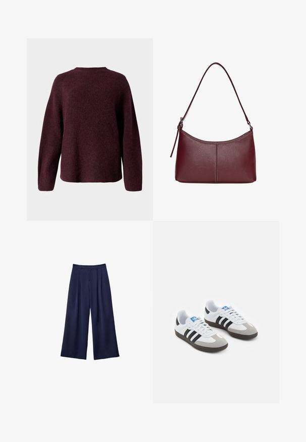 Bordowy sweter dziany z okrągłym dekoltem, długimi rękawami i luźnym krojem o miękkim, teksturowanym wykończeniu.; Granatowe spodnie typu wide-leg z plisami, zapinane w pasie na guziki, z szlufkami na pasek, pokazane na płasko na białym tle.; Buty sportowe z białą skórzaną cholewką, szarym zamszowym noskiem i trzema czarnymi paskami. Posiadają niebieskie logo na języku oraz teksturowaną gumową podeszwę.; Bordowa torebka skórzana o zaokrąglonym kształcie, z jednym paskiem na ramię i przeszyciami w centrum. Gładka faktura, minimalna ilość elementów metalowych.