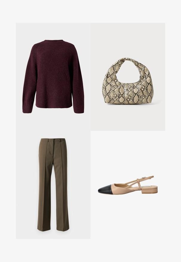 Burgunderfarbener Strickpullover mit runder Halslinie, langen Ärmeln und einer entspannten Passform sowie einer weichen, strukturierten Oberfläche.; Braune maßgeschneiderte Hose mit geradem Schnitt, gefaltetem Vorderteil und klassischem Bund. Hergestellt aus glattem Stoff mit raffiniertem Finish.; Beige und schwarze zweifarbige Slingback-Schuhe mit spitzer Zehenpartie, flachem Absatz und gekreuztem Riemendetail. Glattes Lederfinish.; Schlangenmuster-Tasche mit einem gebogenen Griff. Hergestellt aus strukturierten, beige- und braunfarbenen Materialien, die ein markantes Diamantmuster aufweisen.