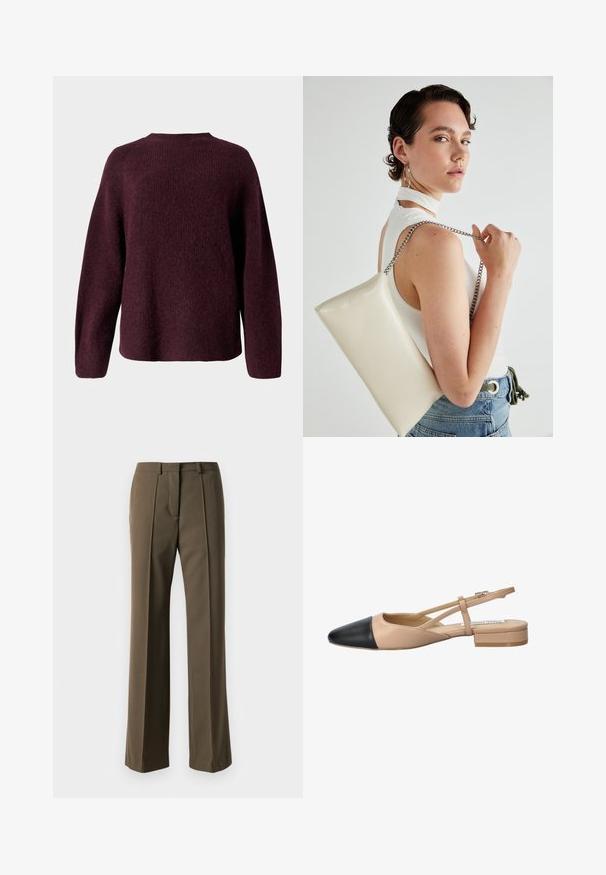 Burgunderfarbener Strickpullover mit runder Halslinie, langen Ärmeln und einer entspannten Passform sowie einer weichen, strukturierten Oberfläche.; Braune maßgeschneiderte Hose mit geradem Schnitt, gefaltetem Vorderteil und klassischem Bund. Hergestellt aus glattem Stoff mit raffiniertem Finish.; Beige und schwarze zweifarbige Slingback-Schuhe mit spitzer Zehenpartie, flachem Absatz und gekreuztem Riemendetail. Glattes Lederfinish.; Weiße rechteckige Clutch aus glänzendem Material mit einem silbernen Kettenriemen. Das Model posiert und präsentiert die Tasche vor einem schlichten Hintergrund.