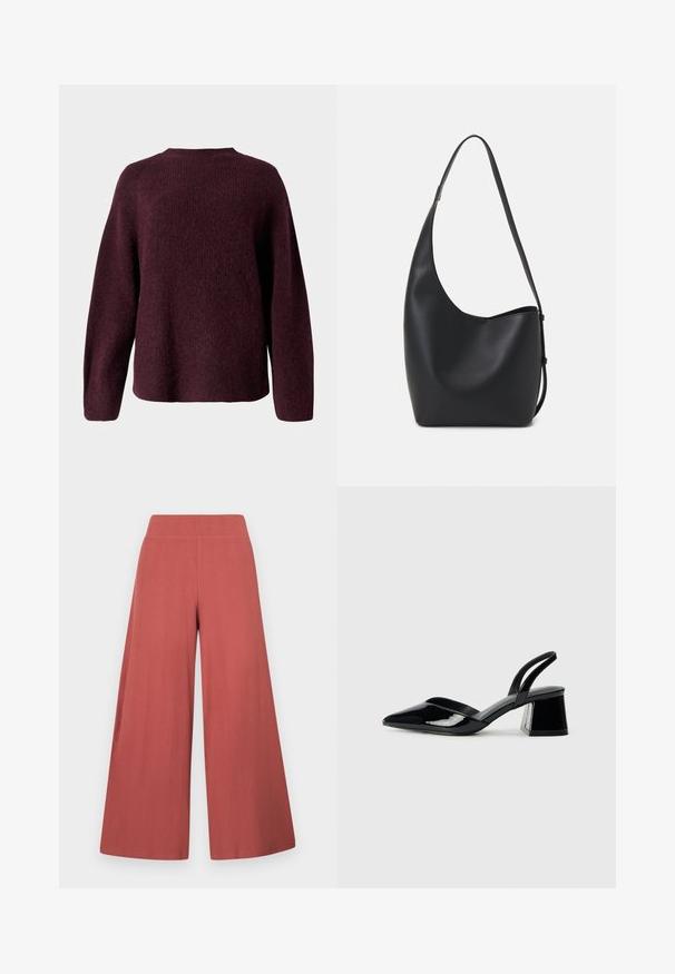Maglione a maglia bordeaux con scollo rotondo, maniche lunghe e vestibilità rilassata, caratterizzato da una finitura morbida e testurizzata.; Pantaloni a gamba larga di colore ruggine, realizzati in tessuto strutturato con costine verticali. Presentano una vita alta ed elastica.; Décolleté in vernice nera con punta affusolata e tacco in geometria cubica. Presentano un design elegante e minimalista, con una texture liscia.; Borsa hobo nera in pelle con una superficie liscia, forma curvata e una singola tracolla regolabile; presenta un'ampia apertura nella parte superiore.