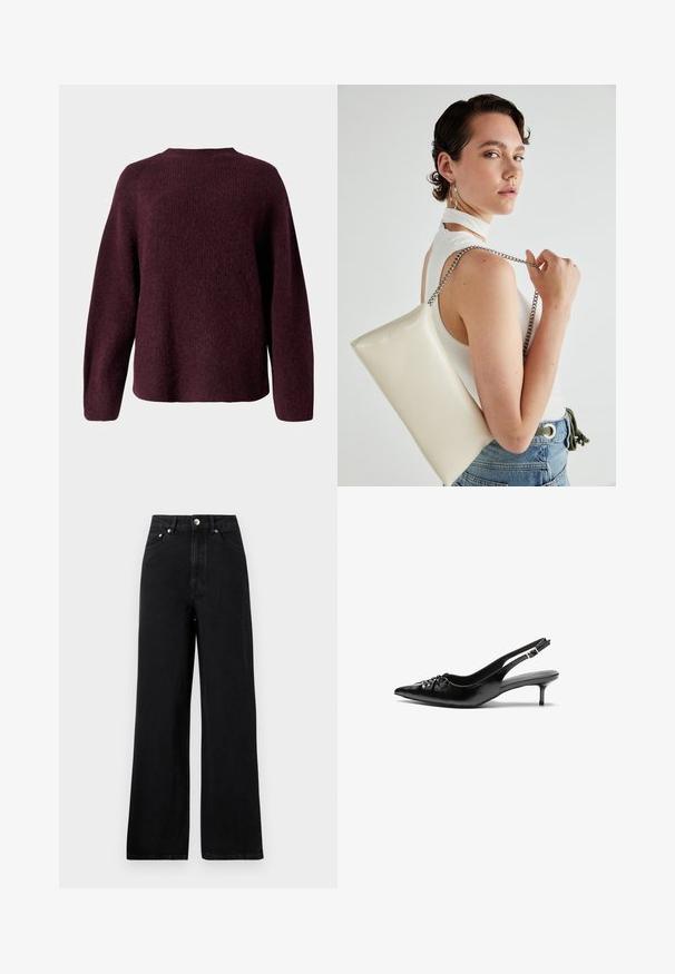 Maglione a maglia bordeaux con scollo rotondo, maniche lunghe e vestibilità rilassata, caratterizzato da una finitura morbida e testurizzata.; Jeans in denim nero a vita alta con un design a gamba larga, dotati di cinque tasche e dettagli in metallo argentato. Tessuto complessivamente morbido.; Tacchi slingback in pelle nera con punta affusolata, piccolo tacco kitten e un dettaglio a nodo decorativo sulla parte anteriore. Texture liscia su tutta la superficie.; Borsa a pochette rettangolare bianca realizzata in materiale lucido, con una tracolla in catena argentata. Il modello posa, mostrando la borsa su uno sfondo semplice.