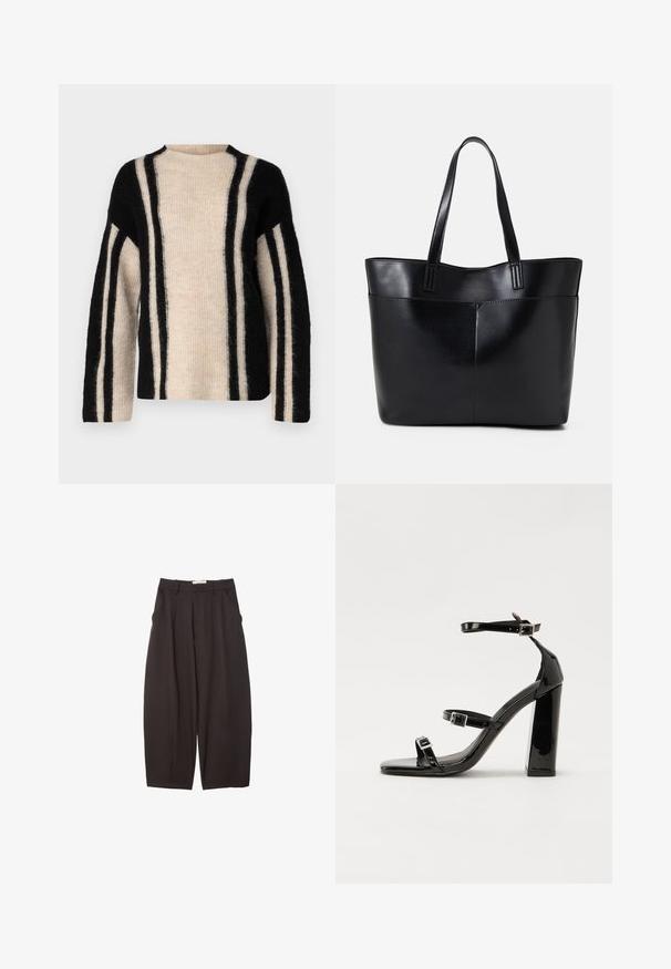 Svart och krämfärgad randig tröja med hög hals, långa ärmar och mjukt, texturerat tyg. Har breda vertikala ränder och ribbade detaljer.; Svarta vida byxor i ett mjukt tyg, med hög midja, framfickor och sidofickor. Enkel design utan utsmyckningar.; Svarta lackerade högklackade sandaler med två spännband, fyrkantig tå och en tjock klack, med en slät och glansig yta.; Svart läder tote-väska med två långa handtag, en slät yta och en strukturerad form. Har en framficka för extra förvaring.