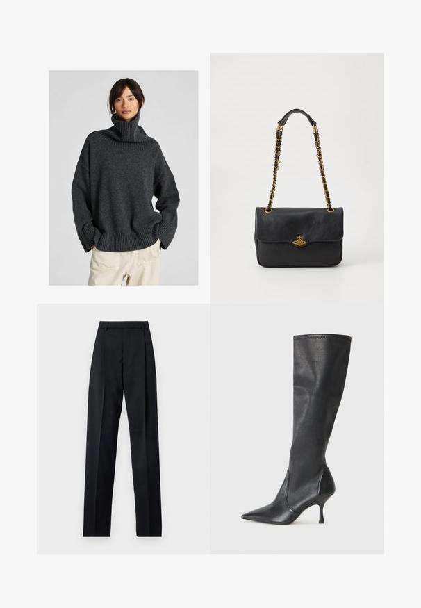 Üks suur tumeda halli värvi kõrge kaelusega kampsun, millel on soonikuline kaelus ja mansetid, ning mis on valmistatud pehmest kudumisest. Kampsunil on langevad õlavarred ja vaba lõige.; Mustad püksid siledast kangast, millel on kõrge vöökoht, laiad jalad, esimesed kortsud ja klassikalised vööloopid. Küljepockets pole nähtavad.; Knee-high mustad nahksaapad terava nina ja kitsaste stiilsete kontsadega. Sile tekstuur sobiva disainiga ja õmblused ülemisel serval.; Mustast nahast kott, millel on ülevalt klapp, kuldse tooniga ahel rihm ja logo detail ees. Sile tekstuur.