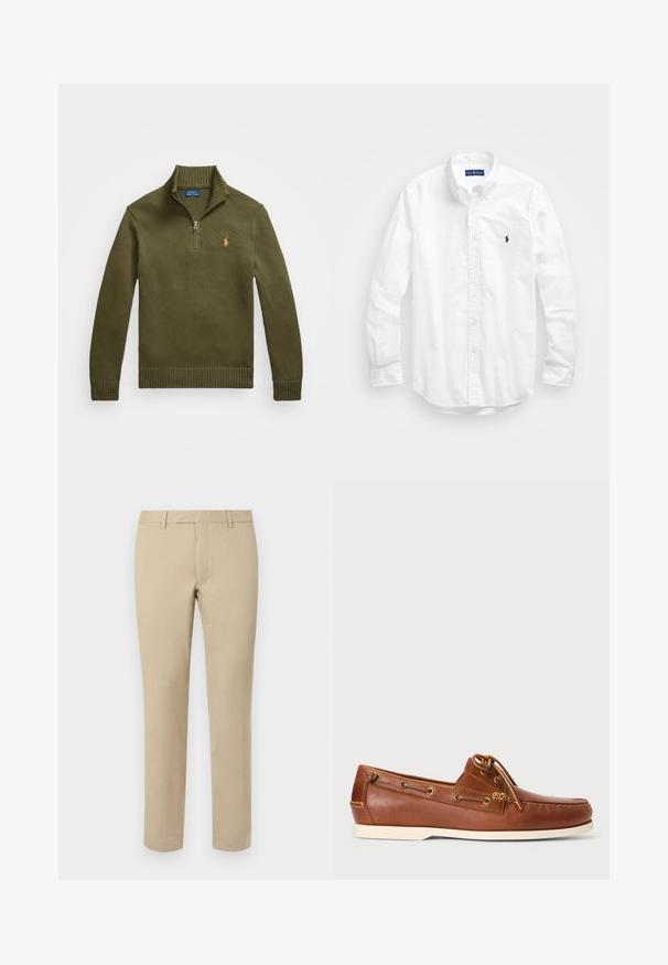 Oliven grønn strikkegenser med glidelåslukking i halsen, ribbestrikkede ermer og nederkant. Har en liten logo på brystet. Strukturert stoff.; Hvit langermet skjorte i bomull med knapper. Har en klassisk krage, knappe mansjetter og en liten marineblå brodert logo på brystet.; Beige bomullsbukser med rett snitt, med beltehemper, flat front og skreddersydde nederkanter. Jevn tekstur og minimal detaljering.; Brune lærbådssko med snørebånd, gyldne øjer og cremet gummisål. Designet med et hævet sy-mønster på tåen.