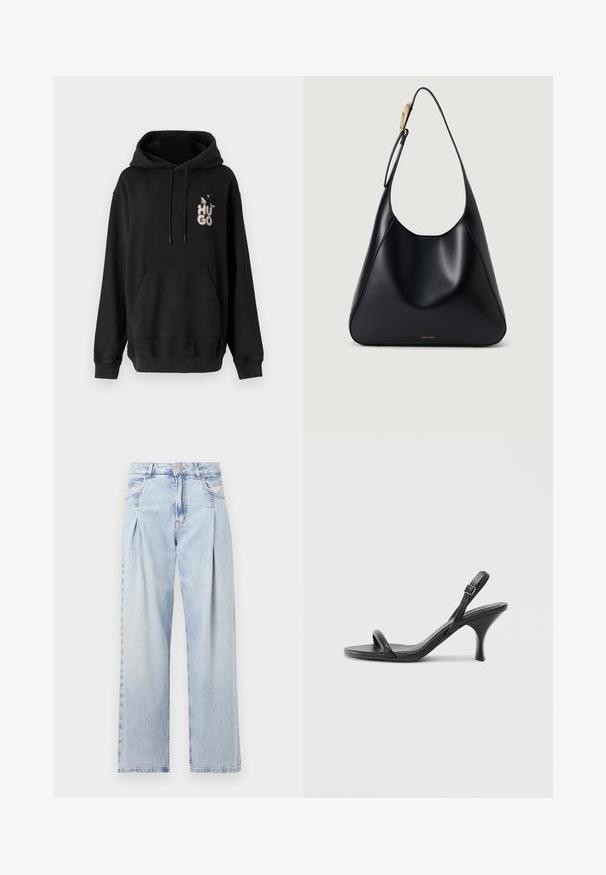 Svart hettegenser laget av mykt stoff; har kengurulomme, snor som kan justeres i hetta, og en "HUGO"-logo i hvitt og grått på brystet.; Lyseblå denimjeans med høy livlinje, vide ben, to sidelommer og plisserte detaljer. Myk tekstur med en falmet finish.; Sorte skinnhøye hæler med en slank, buet hæl og et kryssrem-design. Justerbar ankelrem. Glatt tekstur.; Svart lær skulderveske med glatt tekstur, buet silhuett og gullfarge detaljer. Har preget merkevarelogo nederst.