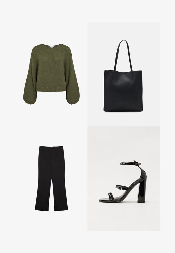 Maglione corto verde oliva con un motivo a maglia testurizzato. Presenta maniche lunghe a palloncino e un ampio scollo rotondo.; Pantaloni neri a gamba dritta, con tasche frontali e spacchi laterali all'orlo. Realizzati in tessuto morbido e liscio. Adatti a diverse occasioni.; Sandali con tacco in vernice nera, con punta squadrata, cinturini alla caviglia e fibbie in argento. Presentano un tacco a blocco spesso per maggiore stabilità.; Borsa tote in pelle nera con texture liscia, forma rettangolare e due manici lunghi. Nessun hardware o decorazione visibile.