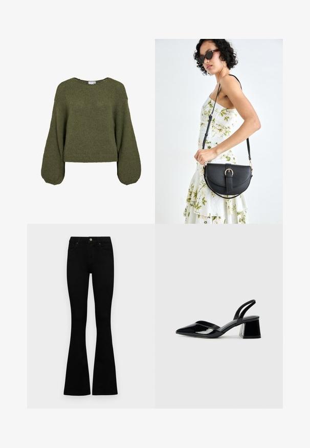 Olivno zelena, skrajšana majica s teksturiranim pletenim vzorcem. Ima dolge, balonaste rokave in širok okrogli izrez.; Črne visokotopne kavbojke z gumbom in zadrgo, sprednjimi žepi in razširjenimi hlačnicami, poleg bel background.; Črne lakirane slingback pete s koničastim nosom in geometrijsko blokasto peto. Imajo eleganten, minimalističen dizajn in gladko teksturo.; Črna usnjena torbica s ukrivljeno obliko, z odstranljivo naramnico in zlatimi dodatki. Torbica ima pokrov s podrobnostmi v obliki zaponke.