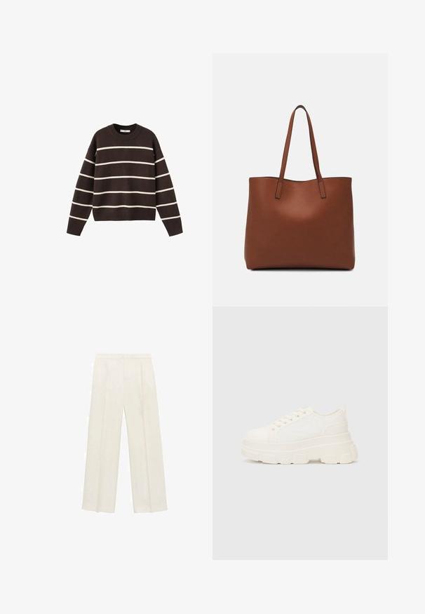 Brązowy sweter z białymi poziomymi pasami, okrągłym dekoltem, długimi rękawami oraz ściągaczami przy mankietach i dole, wykonany z dzianiny.; Spodnie o szerokich nogawkach w jasnym kolorze kremowym. Wykonane z gładkiego materiału, z plisami z przodu i bocznymi kieszeniami.; Białe płócienne trampki z grubą podeszwą, okrągłym noskiem i pięcioma oczkami na sznurowadła. Tylny uchwyt ułatwiający zakładanie. Gładka faktura, minimalistyczny design.; Brązowa skórzana torba tote o gładkiej fakturze, z otwartym wierzchem i dwoma ramiączkami. Charakteryzuje się minimalnym przeszyciem i brakiem widocznych elementów metalowych.
