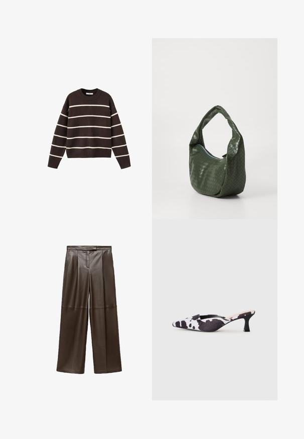 Brown sweater with white horizontal stripes, round neckline, long sleeves, and ribbed cuffs and hem, made of knit fabric.; Brown leather wide-leg pants with a smooth texture, featuring pleats at the front and a classic waistband design.; Pointed-toe slingback heels in black and white cow print design. Fabric upper with a textured finish and a slim black heel.; Green woven leather bag with a curved handle and zip closure. Features a textured, patterned surface and a soft, slouchy shape.