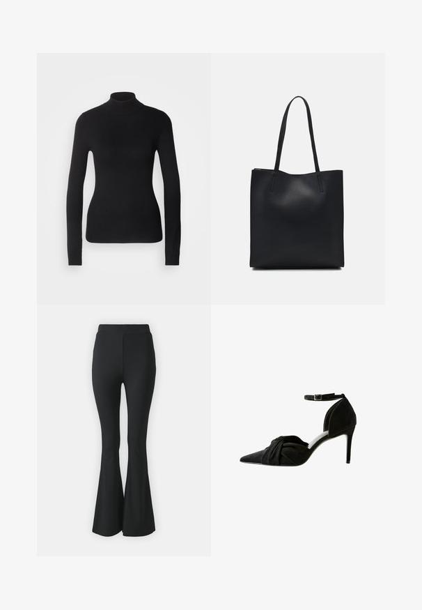 Juodas magas suknelė pagaminta iš lengvo mezgimo audinio. Turi ilgomis rankovėmis, prigludusį dizainą ir minkštą raukšlėtą tekstūrą.; Juoda platės kelnės, pagamintos iš tamprios medžiagos. Turi aukštą juosmenį ir glotnią, prisitaikančią struktūrą, kuri išsiplėtė nuo kelio žemyn.; Juodas zomšiniai aukšti batai su smailiu priekiniu galiuku, mazgo detalė priekyje, kulkšnies dirželis ir plona stiletto kulniuku.; Juodas odinis tote krepšys su lygia tekstūra, stačiakampio formos ir dviem ilgais rankenomis. Matomų metalinių detalių ar puošybos nėra.