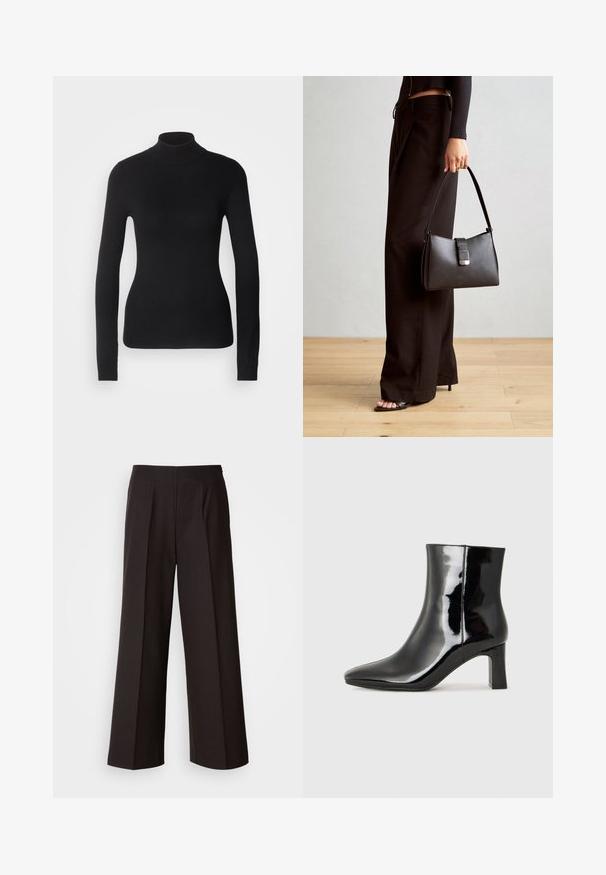 Sweater de gola alta preto feito de um tecido de malha leve. Apresenta mangas longas, um design justo e uma textura suave e canelada.; Calças largas pretas com frente plana, pregas e uma textura de tecido suave. Apresentam uma cintura alta e um corte ajustado para um caimento estruturado.; Botim de tornozelo em pele sintética preta com bico apontado e salto bloco de altura média. Textura suave e design minimalista.; Bolsa preta com forma estruturada, textura suave e um fecho metálico. Combinada com calças largas pretas e sandálias de salto aberto sobre um chão de madeira.