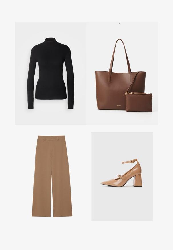 Schwarzer Rollkragenpullover aus leichtem Strickgewebe. Mit langen Ärmeln, taillierter Passform und weichem Ripptextil.; Weite Hose in einem einfarbigen Braunton, aus einem strukturierten Stoff gefertigt; verfügt über eine hohe Taille und ein strukturiertes Design mit Gürtelschlaufen.; Beige Lackleder-Pumps mit spitzem Zeh, einem Knöchelriemen und einem massiven Quadratabsatz. Glatte Textur mit glänzender Oberfläche.; Braune Handtasche aus Kunstleder mit zwei langen Griffen und einem passenden kleinen Beutel. Die Oberfläche weist ein strukturiertes Muster und goldene Hardware-Akzente auf.