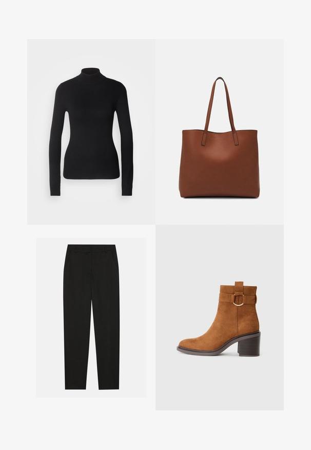Zwarte coltrui gemaakt van lichte brei stof. Heeft lange mouwen, een aansluitend design en een zachte ribbeltextuur.; Zwarte broek met een tailormade ontwerp, voorzien van zijzakken en een rechte pijp. Gemaakt van een soepele, lichte stof met een strakke afwerking.; Bruine suède enkelboot met een ronde neus, blokhak en een decoratieve riem met een ronde gesp.; Bruine leren tote bag met een gladde textuur, een ontwerp met een open bovenkant en twee schouderbanden. Kenmerkt zich door minimale stiksels en geen zichtbare hardware.