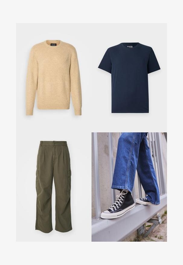 Pull en beige fabriqué en matériau doux, avec un col rond, des manches longues et des poignets et un ourlet côtelés.; T-shirt en coton bleu marine avec un col rond et des manches courtes. Présente un design simple sans motifs ni embellissements.; Pantalons cargo en vert olive, en coton, avec une coupe large, des plis et des poches latérales pour plus de praticité.; Baskets montantes noires avec semelle et lacets blancs, associées à un jean en denim bleu décontracté, reposant sur un garde-corps gris.