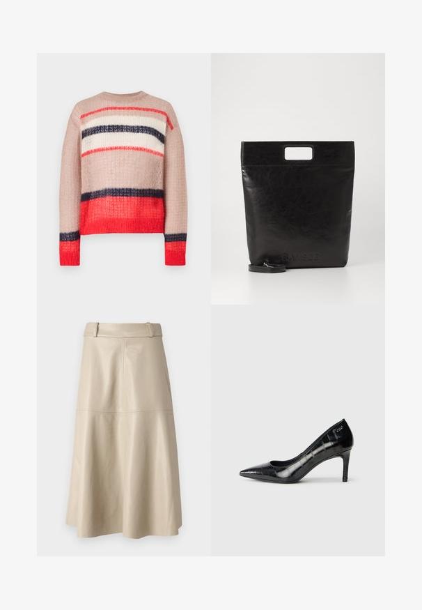 Knit sweater featuring a loose fit with stripes in red, navy, cream, and beige. Textured fabric with a ribbed neckline and hem.; Beige leather midi skirt with a smooth texture, wide waistband, and flared hem; features stitched seams for added detail.; Black pointed-toe high heels with a glossy finish and subtle textured pattern. Features a moderate heel and open throat design.; Black leather tote bag with a square handle, featuring a textured finish and embossed logo. Includes a detachable strap.