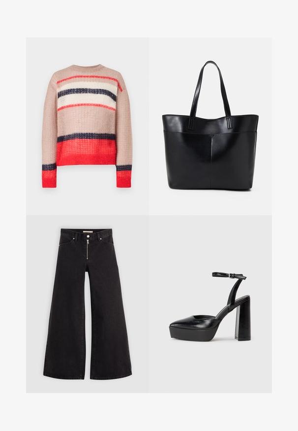 Pull en tricot à coupe ample, orné de rayures rouge, marine, crème et beige. Tissu texturé avec un col et un ourlet côtelés.; Jean large en denim noir avec une fermeture éclair à l'avant, un design à cinq poches et des détails de couture subtils. Texture lisse et style décontracté.; Escarpins noirs à plateforme avec un bout pointu et une sangle réglable à la cheville. Conçus en cuir lisse, avec un large talon bloc.; Sac fourre-tout en cuir noir avec deux longues poignées, une texture lisse et une forme structurée. Dispose d'une poche avant pour un rangement supplémentaire.