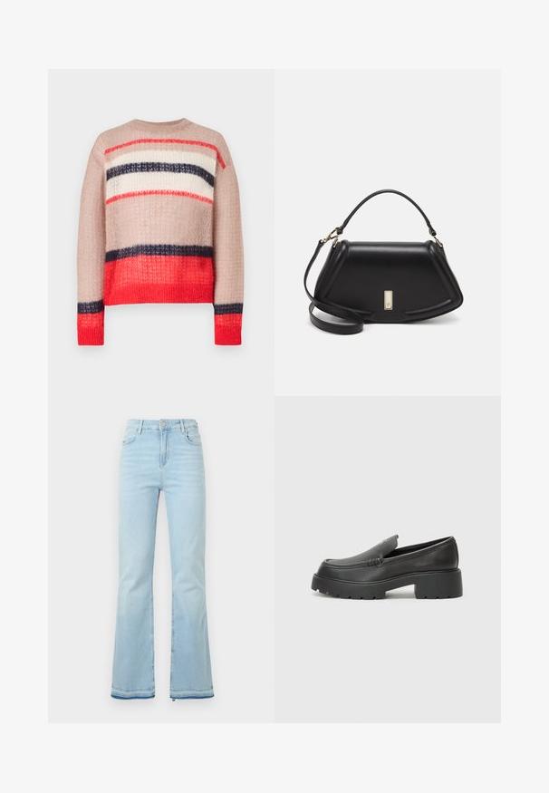 Maglione lavorato a maglia con vestibilità ampia, caratterizzato da righe rosse, blu navy, crema e beige. Tessuto texturizzato con collo e orlo a coste.; Jeans flare azzurri in denim, caratterizzati da una vita alta, tasche anteriori e un orlo grezzo ai polsini per un look casual.; Mocassini in pelle nera con punta arrotondata, suola spessa e testurizzata, e minime cuciture. Design elegante senza lacci o parti metalliche visibili.; Borsa a mano in pelle nera con un design strutturato, caratterizzata da una forma corta, manico superiore e accessori in metallo dorato. Inclusa tracolla regolabile.