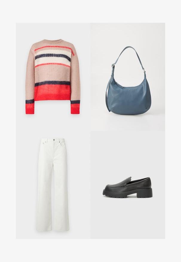 Strickpullover mit lockerem Schnitt, gestreift in Rot, Marineblau, Creme und Beige. Strukturierter Stoff mit geripptem Halsausschnitt und Saum.; Samsøe Samsøe SHELLY - Jeans Relaxed Fit - clear cream; Schwarze Lederloafer mit einer abgerundeten Spitze, dicker strukturierten Laufsohle und minimalen Nähten. Schlankes Design ohne sichtbare Schnürsenkel oder Beschläge.; Blaue Lederhandtasche mit runder Form, einem Schulterriemen, Reißverschluss und eingeprägtem Markennamen auf der Vorderseite. Glatte Textur.