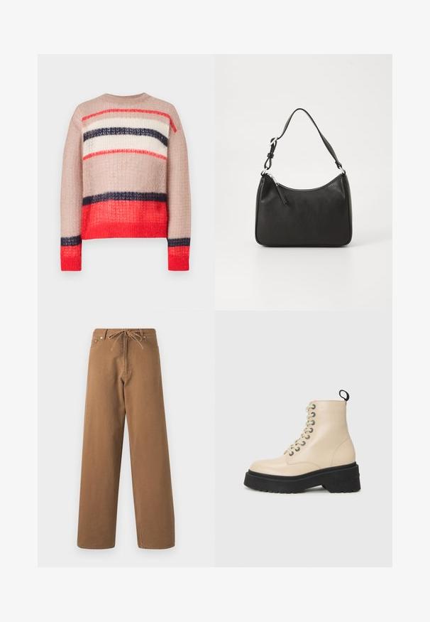 Kootud sviiter, millel on lahtine istuvus ning punase, mereväe sinise, koore ja beeži värvi triibud. Tekstuuriga kangas ribitud kaela- ja alläärega.; Pruunid laiad püksid, mis on valmistatud puuvillast, elastse vöökoha ja kahe esimese taskuga. Pind struktuurne, kuid sile.; Bežid jalatsid fiat osteid musta paksu tallaga ning silmadega lukk, tagaküljel tõmbetõmbliga ja küljes logoga.; Must musta käekott, millel on kumer kuju, üks rihm, lukuga sulgemine ja peen brändimine esiküljel. Sile tekstuur, minimalistlik disain.