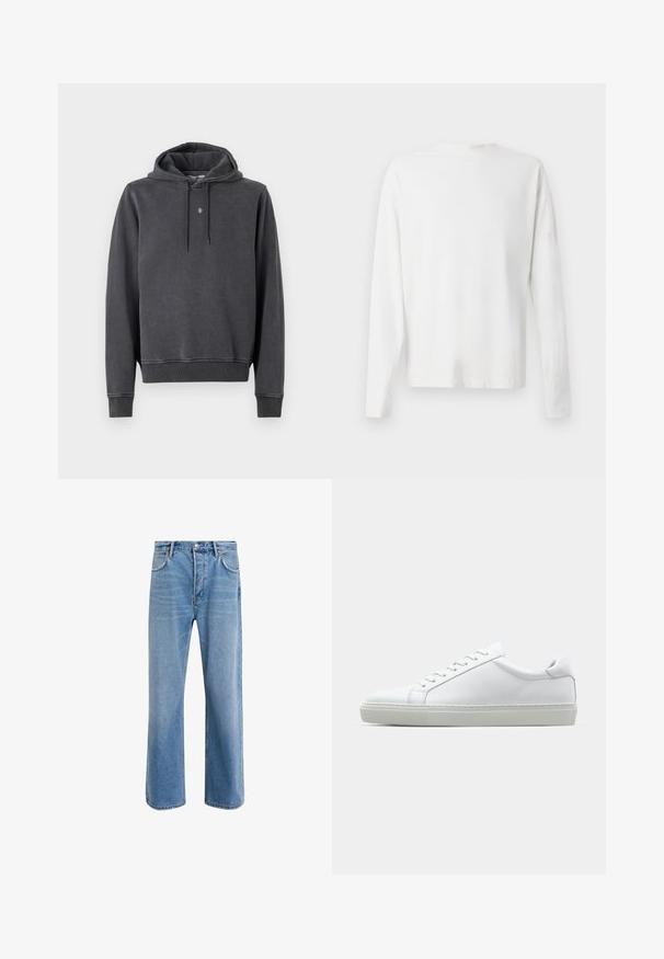Sötét szürke kapucnis pulóver, puha pamut keverékből készült. Kanguru zsebbel, bordázott mandzsettával és kis logóval a mellkasán.; Hosszú ujjú fehér pamut ing kerek nyakkivágással, az alján oldalsó hasítékokkal és sima textúrával, hátulról bemutatva.; Világoskék farmernadrág, egyenes szárú fazonnal, öt zsebbel, gombos záródással, minimális kopással és kontrasztos varrással.; Fehér sportcipő sima bőr felső résszel és alacsony profilsal. Kerek orr, hat fűzőlyuk és barázdált gumitalp jellemzi.