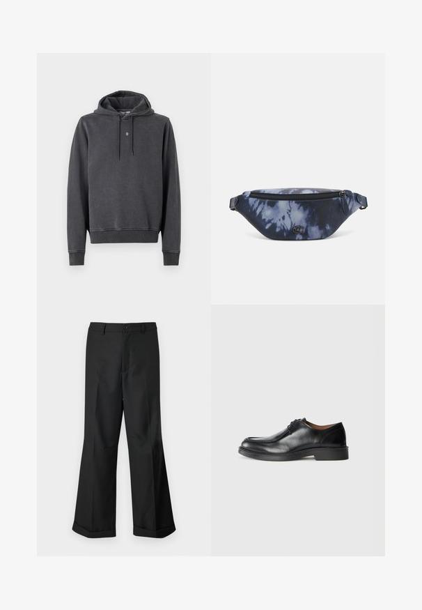 Hanorac cu glugă, de culoare gri închis, fabricat dintr-un amestec de bumbac moale. Dispune de o buzunar tip cangur, mâneci ribate și un mic logo pe piept.; Pantaloni negri cu picioare largi, cu talie cu nasturi și margini răsucite, expuși pe un fundal alb simplu.; Pantof black din piele cu vârf rotunjit, suprafață netedă, accente cu șireturi și o talpă joasă din cauciuc texturat. Linii curate și un design minimalist.; Pungă tip fanny în imprimeu tie-dye de culoare albastru închis, cu un închidere tip fermoar, material texturat și un detaliu logo proeminent pe față.