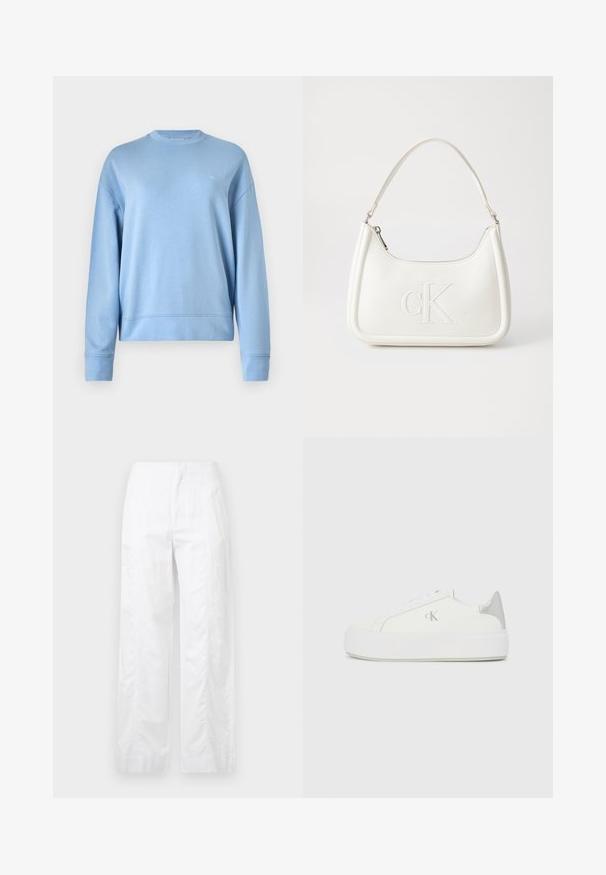 Felpa azzurra chiara in morbido tessuto, con collo rotondo, polsini a costine e un piccolo logo sulla parte sinistra del petto.; Pantaloni bianchi a gamba larga realizzati in tessuto leggero, con una texture liscia, linee pulite e un design a vita alta.; Sneakers bianchi in tela con suola bianca spessa, caratterizzati da un accento argentato metallico sul tallone e un delicato dettaglio del logo sul lato.; Borsa a tracolla in pelle bianca con forma curva, dotata di un logo "CK" impresso sul davanti e una singola tracolla. Chiusura a zip nella parte superiore.