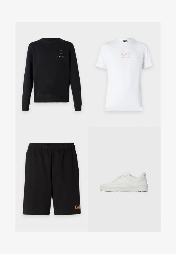 Black sweatshirt made of soft fabric, featuring a crew neck, ribbed cuffs, and decorative multicolored embroidered text on the chest.; White cotton t-shirt featuring a round neckline and short sleeves, with a gold EA7 Emporio Armani logo printed on the front.; Black athletic shorts made of soft fabric,Featuring an elastic waistband and a small yellow EA7 logo on the lower left leg.; White leather sneaker with a smooth finish, round toe, flat laces, and a textured sole. Features a subtle logo on the heel.