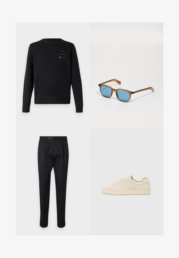 Sudadera negra hecha de tejido suave, que presenta un cuello redondo, puños acanalados y texto decorativo bordado multicolor en el pecho.; Pantalones negros de tejido suave, con un pliegue en la parte delantera, cierre de botón y puños enrollados en el tobillo.; Zapatilla de ante beige con un diseño de corte bajo, puntera redonda, cordones planos y suela de goma texturizada. Estilo minimalista sin logotipos visibles.; Gafas de sol de montura de plástico marrón con lentes azules, forma cuadrada, brazos delgados, acentos texturizados en las patillas y un acabado pulido.