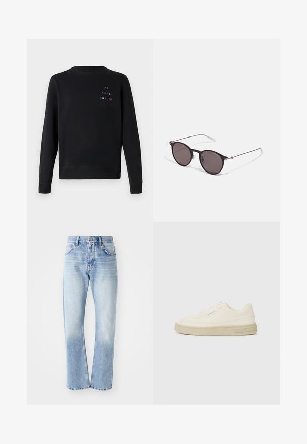 Czarny sweatshirt wykonany z miękkiego materiału, z okrągłym dekoltem, ściągaczami przy rękawach i dekoracyjnym, wielokolorowym haftowanym napisem na klatce piersiowej.; Jasnoniebieskie dżinsy o prostym kroju nogawki. Charakteryzują się pięcioma kieszeniami, zapinaniem na guzik i wyblakłym wykończeniem w dolnej części.; Białe płócienne trampki z teksturowaną gumową podeszwą, z haftowanym noskiem i akcentem logo na pięcie. Prosty design na sznurówki.; Czarne okrągłe okulary przeciwsłoneczne z ciemnymi soczewkami i smukłymi metalowymi ramkami. Zawierają przezroczyste końcówki zauszników oraz srebrne akcenty przy zawiasie. Minimalistyczny design.